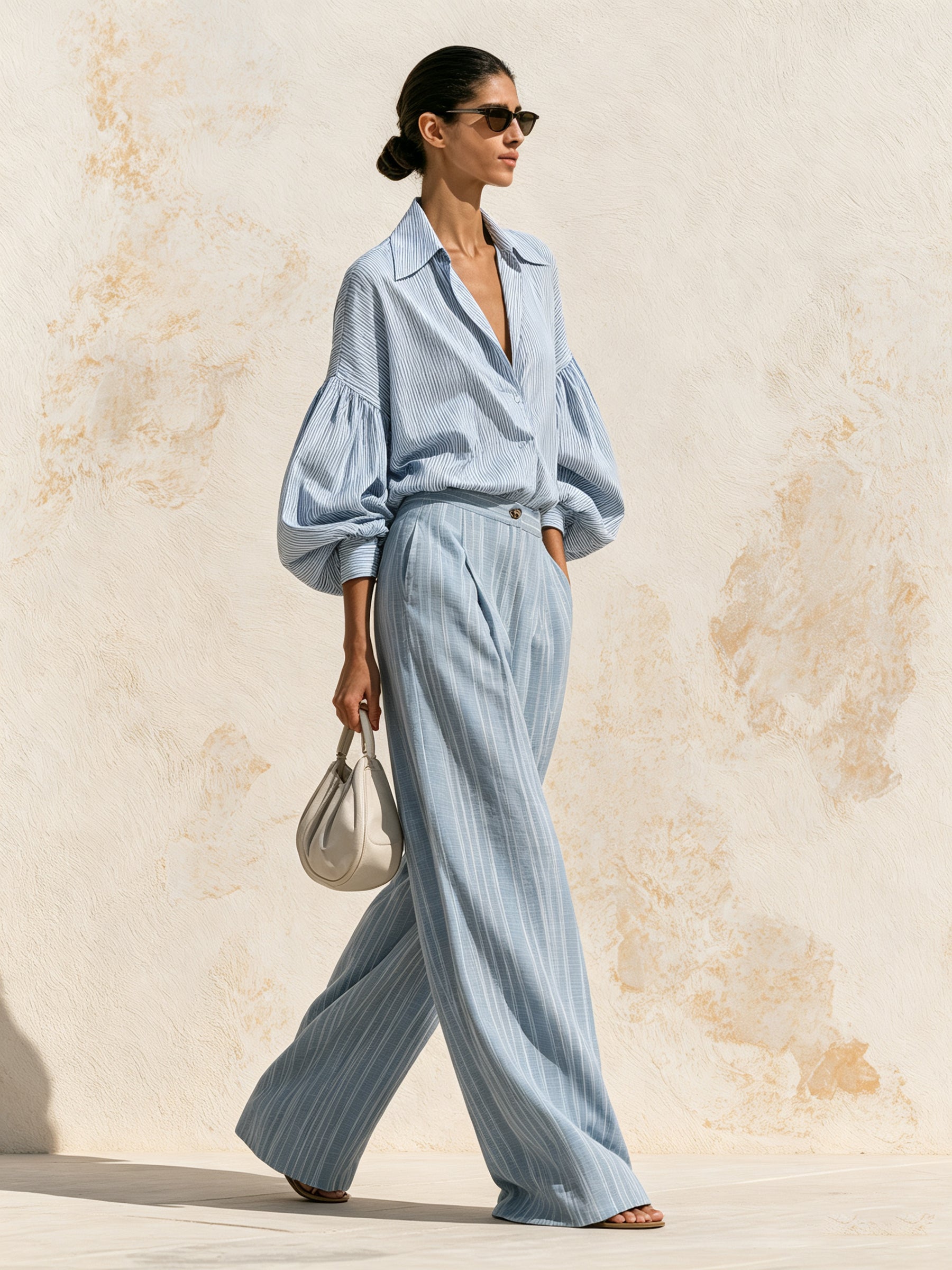 Women’s Blue Striped Shirt & Wide Leg Pants Set – Elegant Casual Two Piece Outfit