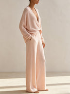 Elegant Ribbed Knit Two-Piece Set – Draped Wrap Top & Wide-Leg Pants Lounge Ensemble