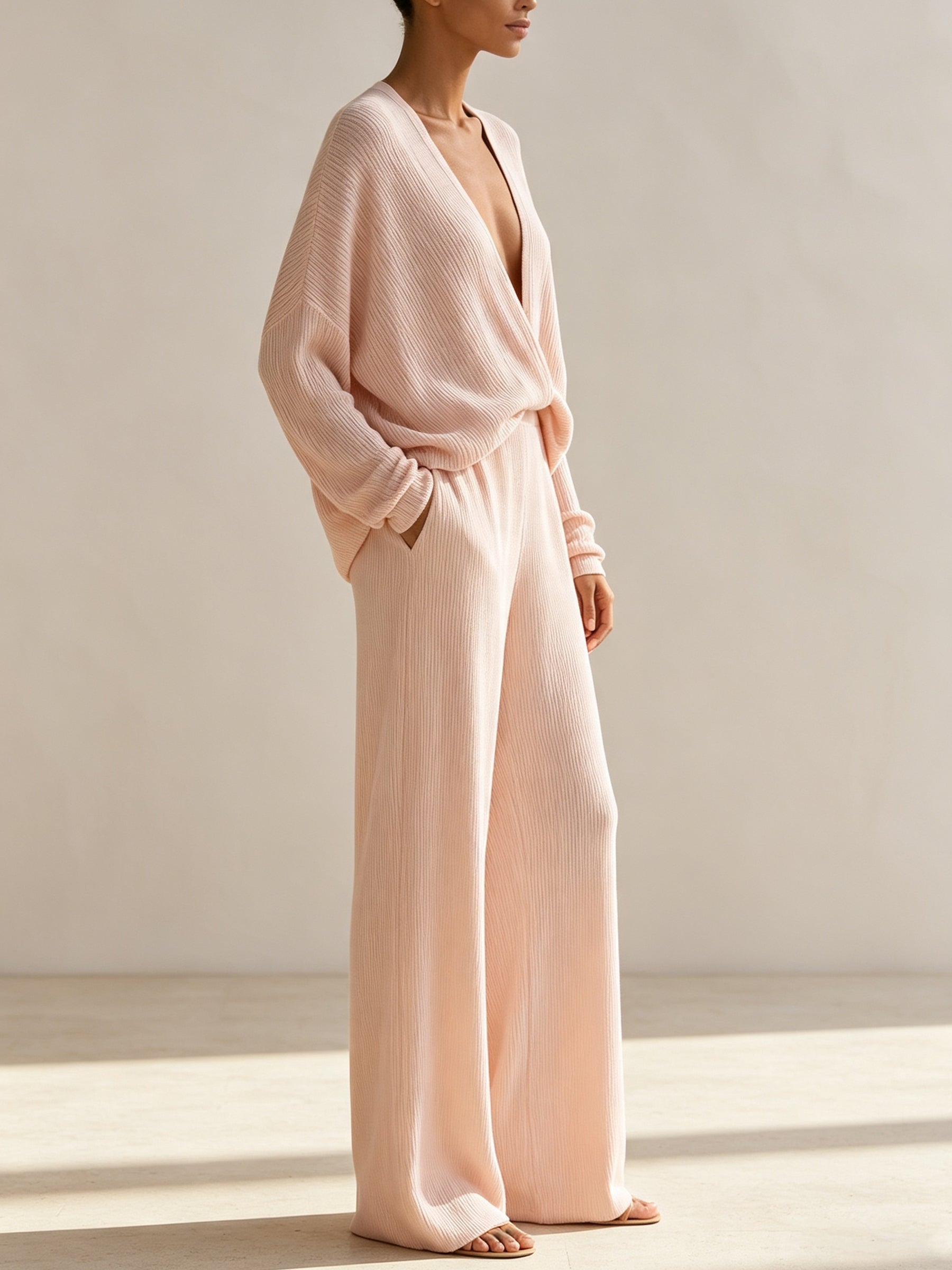 Elegant Ribbed Knit Two-Piece Set – Draped Wrap Top & Wide-Leg Pants Lounge Ensemble