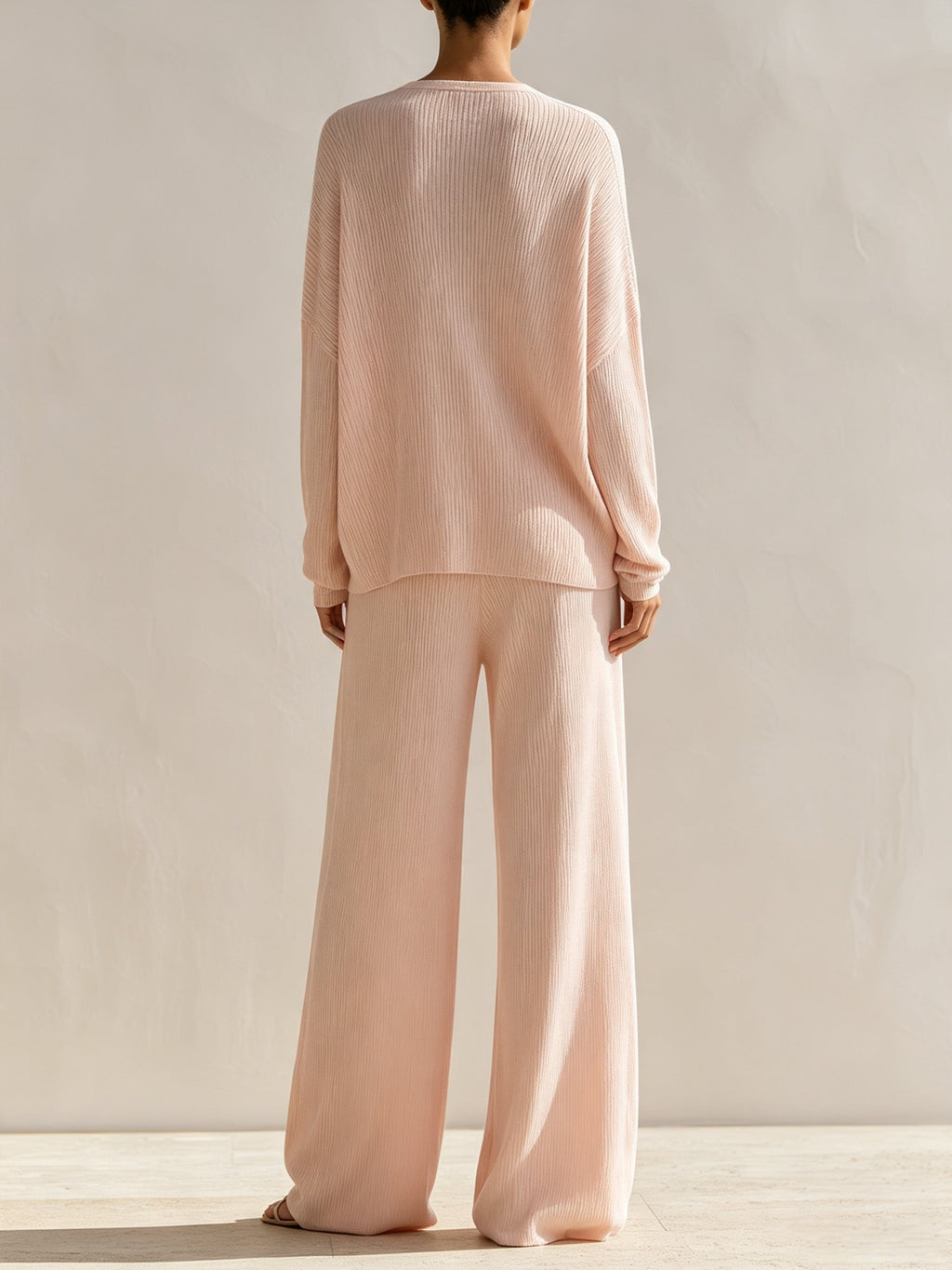 Elegant Ribbed Knit Two-Piece Set – Draped Wrap Top & Wide-Leg Pants Lounge Ensemble
