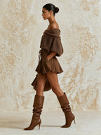 Women’s Brown Off Shoulder Knit Top & Pleated Shorts Set – Elegant Casual Two Piece Outfit