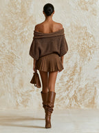 Women’s Brown Off Shoulder Knit Top & Pleated Shorts Set – Elegant Casual Two Piece Outfit