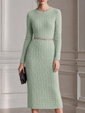 Elegant Textured Knit Belted Sheath Midi Dress