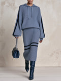 Women’s Blue Knit Hoodie & Midi Skirt Set – Cozy Casual Two Piece Sweater Outfit