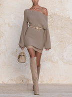 Women’s Beige Off Shoulder Knit Mini Dress – Elegant Long Sleeve Bodycon Sweater Dress