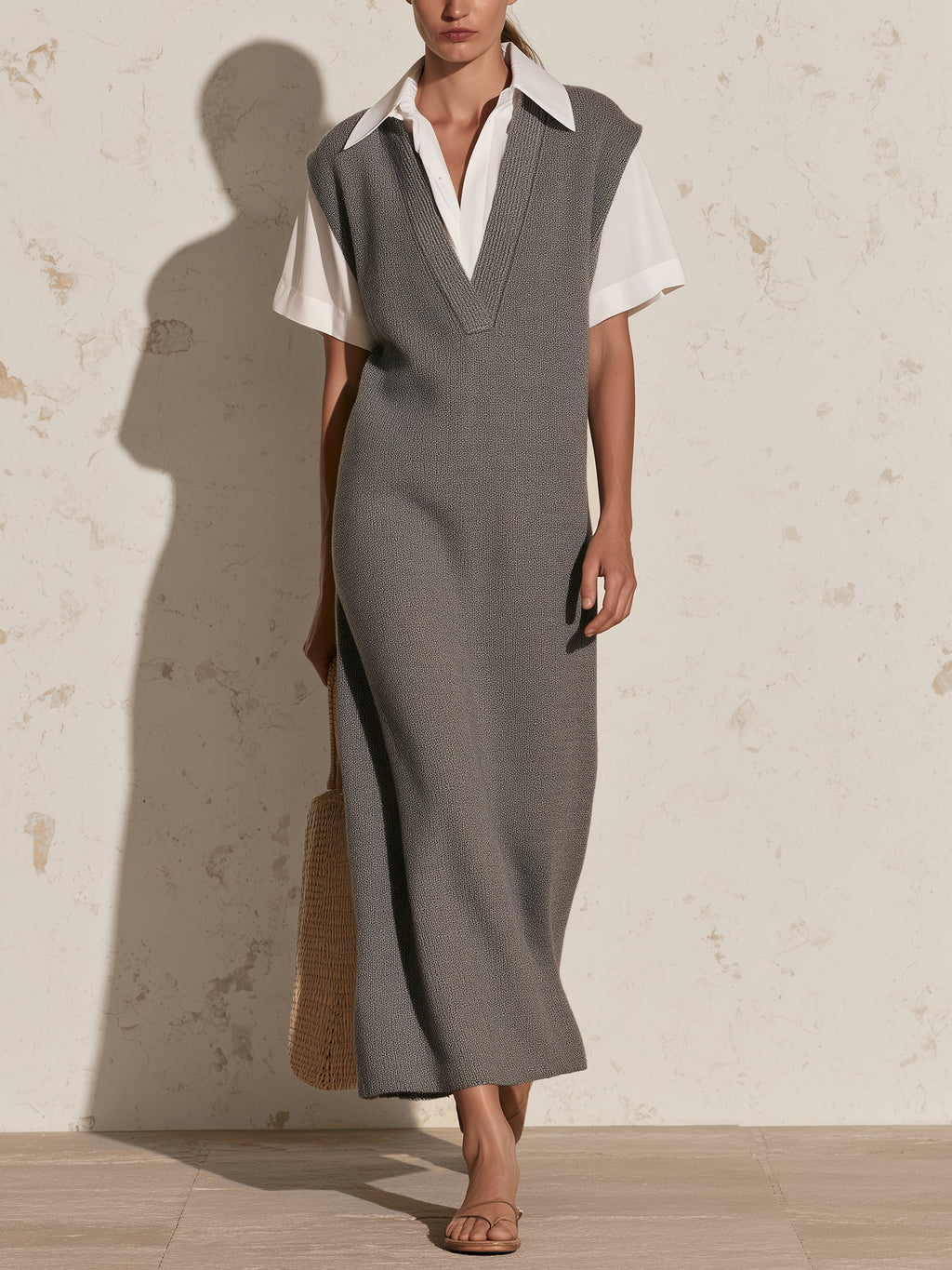 Minimalist Knit Maxi Dress – Collared Shirt Detail Sleeveless Sweater Dress