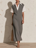 Minimalist Knit Maxi Dress – Collared Shirt Detail Sleeveless Sweater Dress