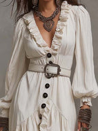 Ruffle V Neck Balloon Sleeve Button Front High Low Ruffle Hem Crinkled Textured Midi Dress With Belt