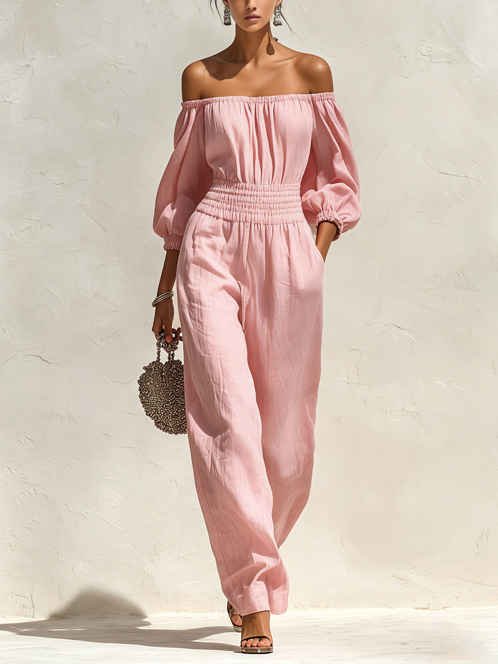 Women’s Off Shoulder Smocked Waist Jumpsuit – Long Sleeve Wide Leg Casual Linen Romper