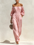 Women’s Off Shoulder Smocked Waist Jumpsuit – Long Sleeve Wide Leg Casual Linen Romper