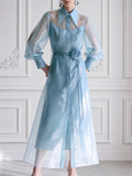 Sheer Organza Sheer-Sleeve Belted Shirt Dress with Rose Detail