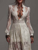 Romantic Bohemian Stand V Collar Puff Long Sleeve Button Waist Ruffle Hem Sheer Floral Lace Chiffon Maxi Dress