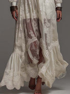 Romantic Bohemian Stand V Collar Puff Long Sleeve Button Waist Ruffle Hem Sheer Floral Lace Chiffon Maxi Dress