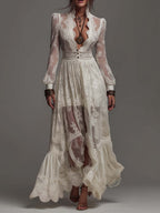 Romantic Bohemian Stand V Collar Puff Long Sleeve Button Waist Ruffle Hem Sheer Floral Lace Chiffon Maxi Dress