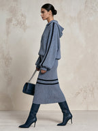 Women’s Blue Knit Hoodie & Midi Skirt Set – Cozy Casual Two Piece Sweater Outfit