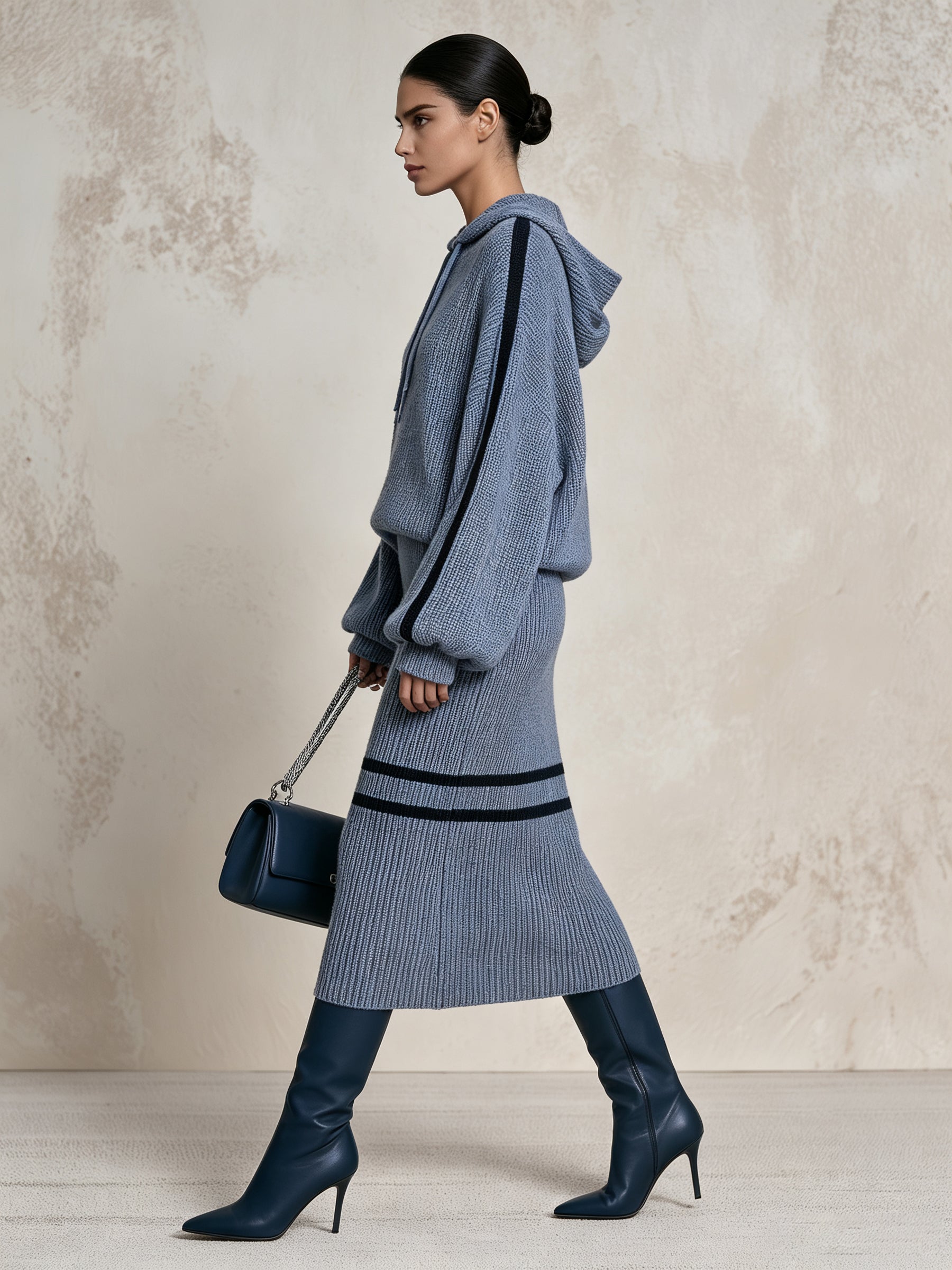 Women’s Blue Knit Hoodie & Midi Skirt Set – Cozy Casual Two Piece Sweater Outfit