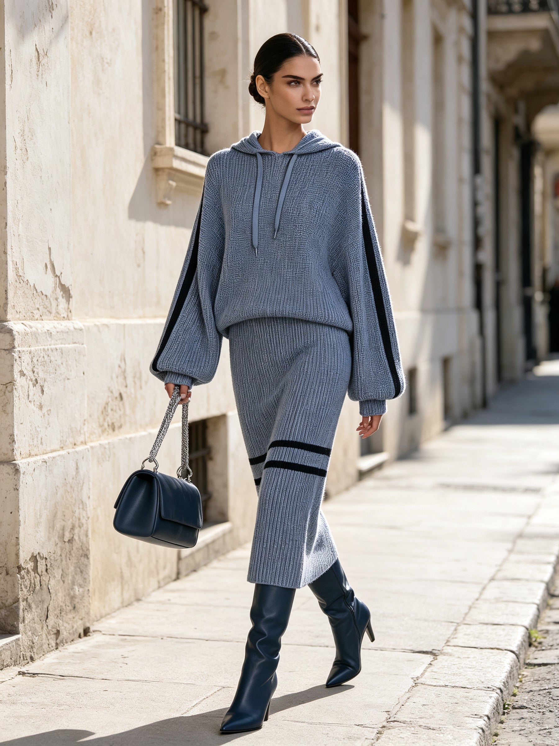 Women’s Blue Knit Hoodie & Midi Skirt Set – Cozy Casual Two Piece Sweater Outfit