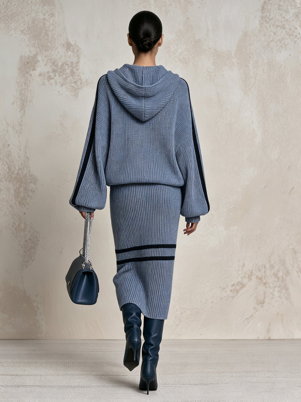 Women’s Blue Knit Hoodie & Midi Skirt Set – Cozy Casual Two Piece Sweater Outfit