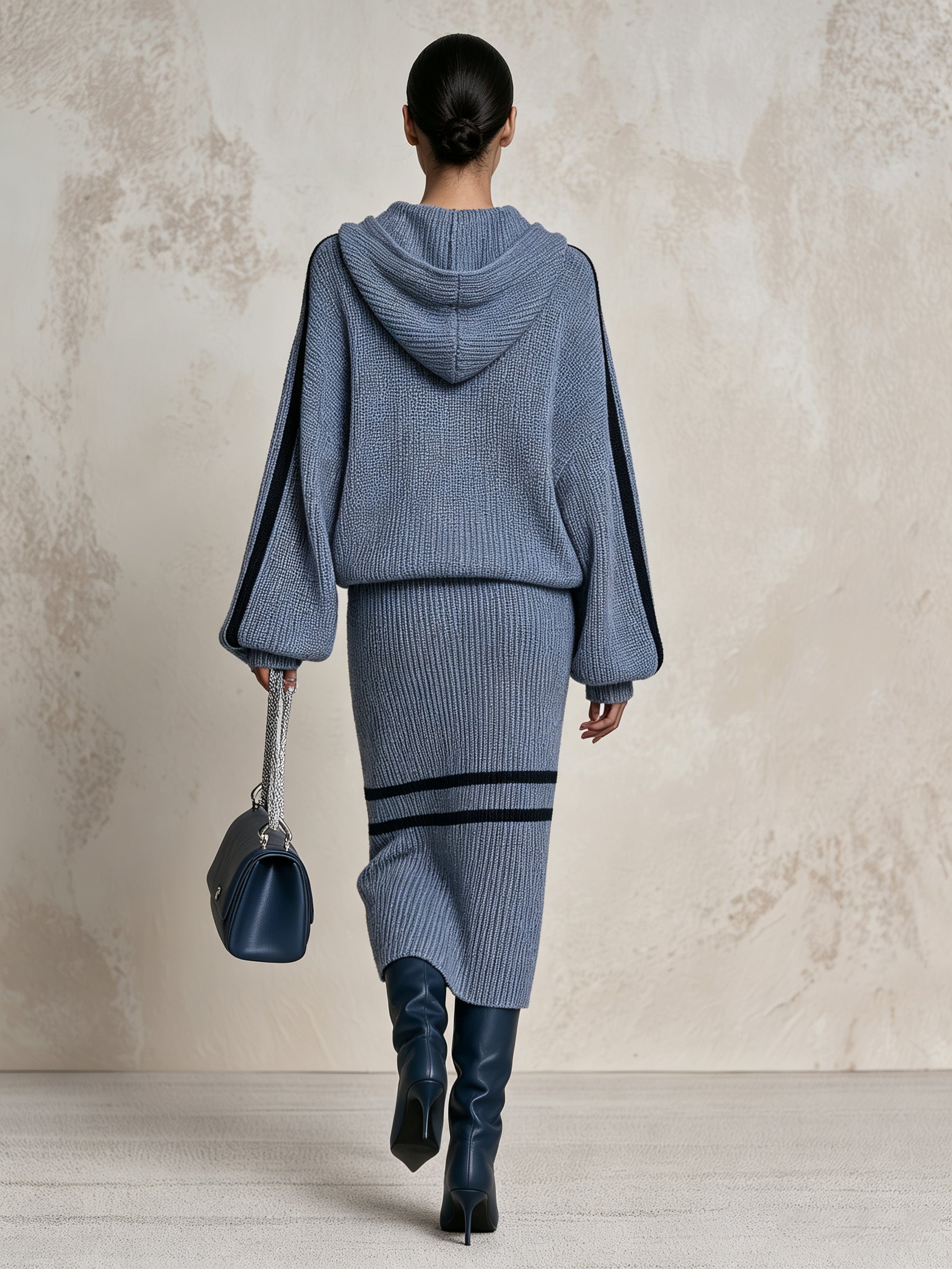 Women’s Blue Knit Hoodie & Midi Skirt Set – Cozy Casual Two Piece Sweater Outfit