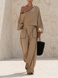 Women’s Khaki Off Shoulder Top & Wide Leg Pants Set – Elegant Casual Two Piece Outfit