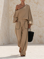 Women’s Khaki Off Shoulder Top & Wide Leg Pants Set – Elegant Casual Two Piece Outfit