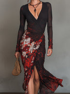 Elegant Printed Mesh Long-sleeve Wrap Midi Dress