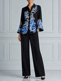 Black Blue Baroque Print Shirt & Wide Leg Pants Set
