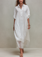 Romantic White Lace Trim Button Down Shirt Dress