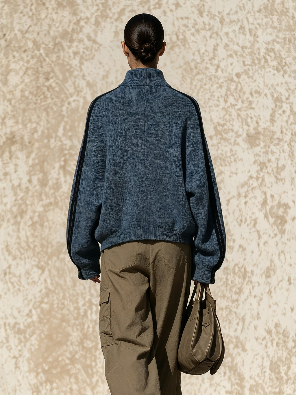 Women’s Blue Knit Zip Cardigan Jacket – Oversized Casual Stand Collar Sweater Top