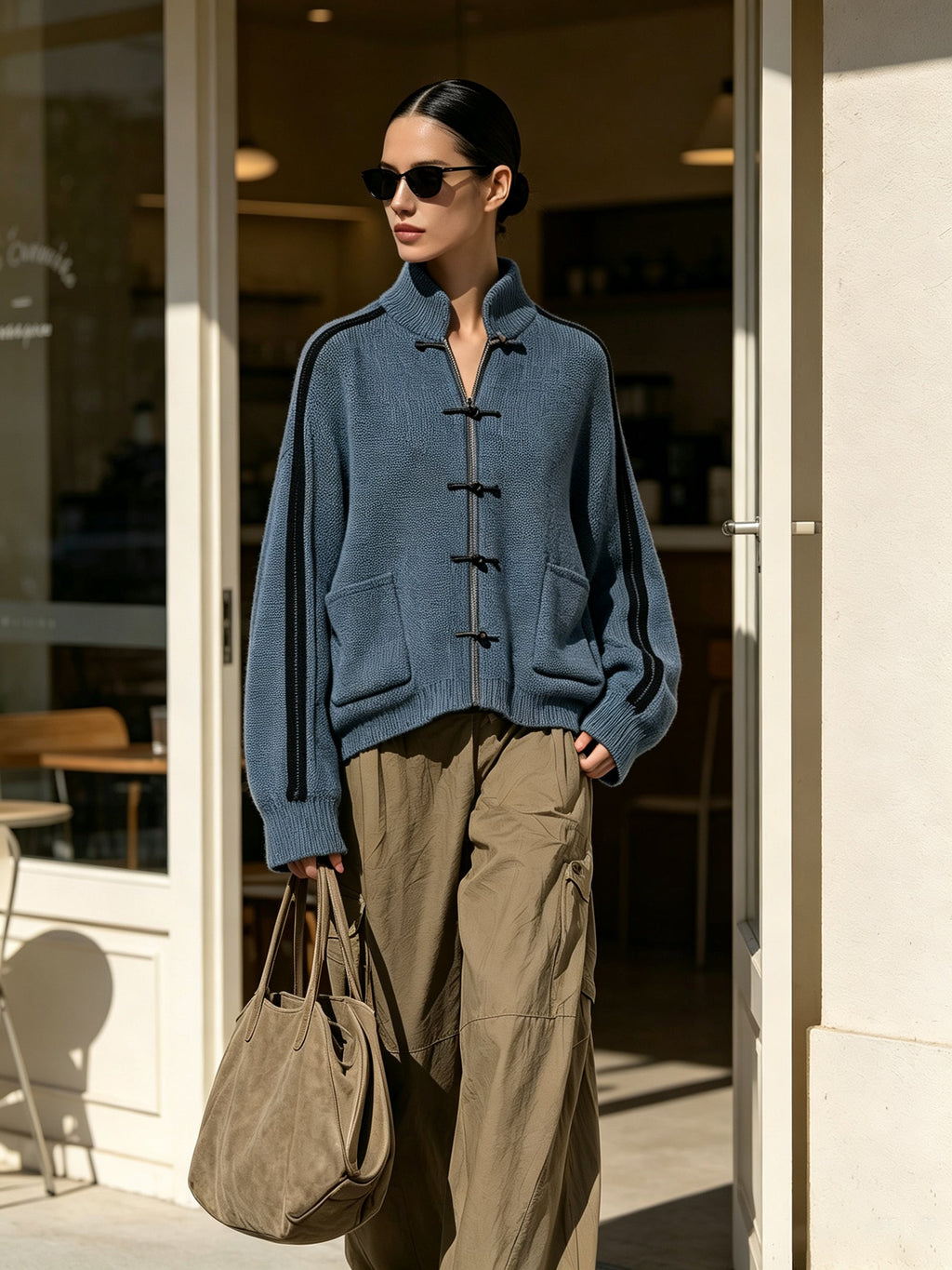 Women’s Blue Knit Zip Cardigan Jacket – Oversized Casual Stand Collar Sweater Top