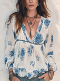 Bohemian Blue Floral Print Lace Trim Blouse