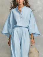 Bohemian Style Linen Wide Sleeved Top And Pants Set