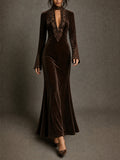 Brown Velvet Deep V Embellished Maxi Dress