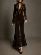 Brown Velvet Deep V Embellished Maxi Dress