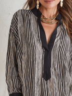 Refined Black Striped Split-Neck Blouse