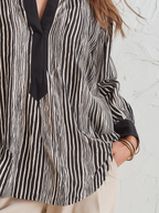 Refined Black Striped Split-Neck Blouse