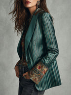 Retro Striped Satin Blazer With Lapel Collar