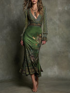Retro V-Neck Striped Sleeves Floral Print Fishtail Hem Maxi Dress