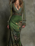 Retro V-Neck Striped Sleeves Floral Print Fishtail Hem Maxi Dress