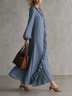 Ruffle Trim V-Neck Long Sleeve Maxi Dress