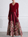 Burgundy Ribbed Knit V-Neck Sweater & Floral Satin Maxi Skirt Set