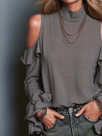 Cold Shoulder Ruffle Sleeve Mock Neck Blouse