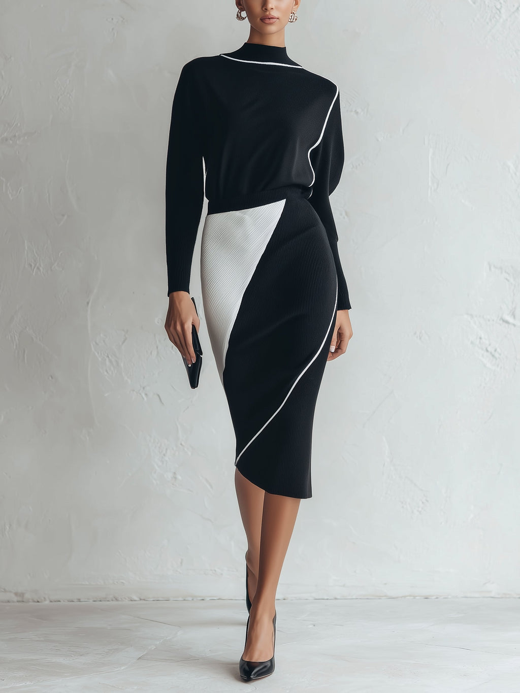 Women’s Black & White Contrast Knit Midi Dress – Long Sleeve Mock Neck Bodycon Sweater Dress