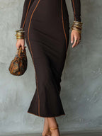 Retro Contrast Trim Flared Hem Midi Dress