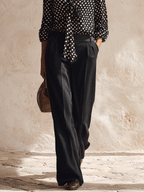 Effortless Glam Satin Polka-Dot Bow-Front Long-Sleeve Black Blouse