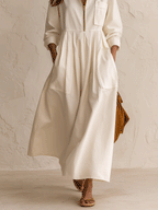 Women's Half-Zip Stand Collar Long Sleeve Pockets Maxi Dress
