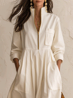 Women's Half-Zip Stand Collar Long Sleeve Pockets Maxi Dress