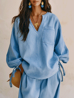 Women's Denim Two-Piece Set - V-Neck Tie-Sleeve Top & Wide Leg Pants
