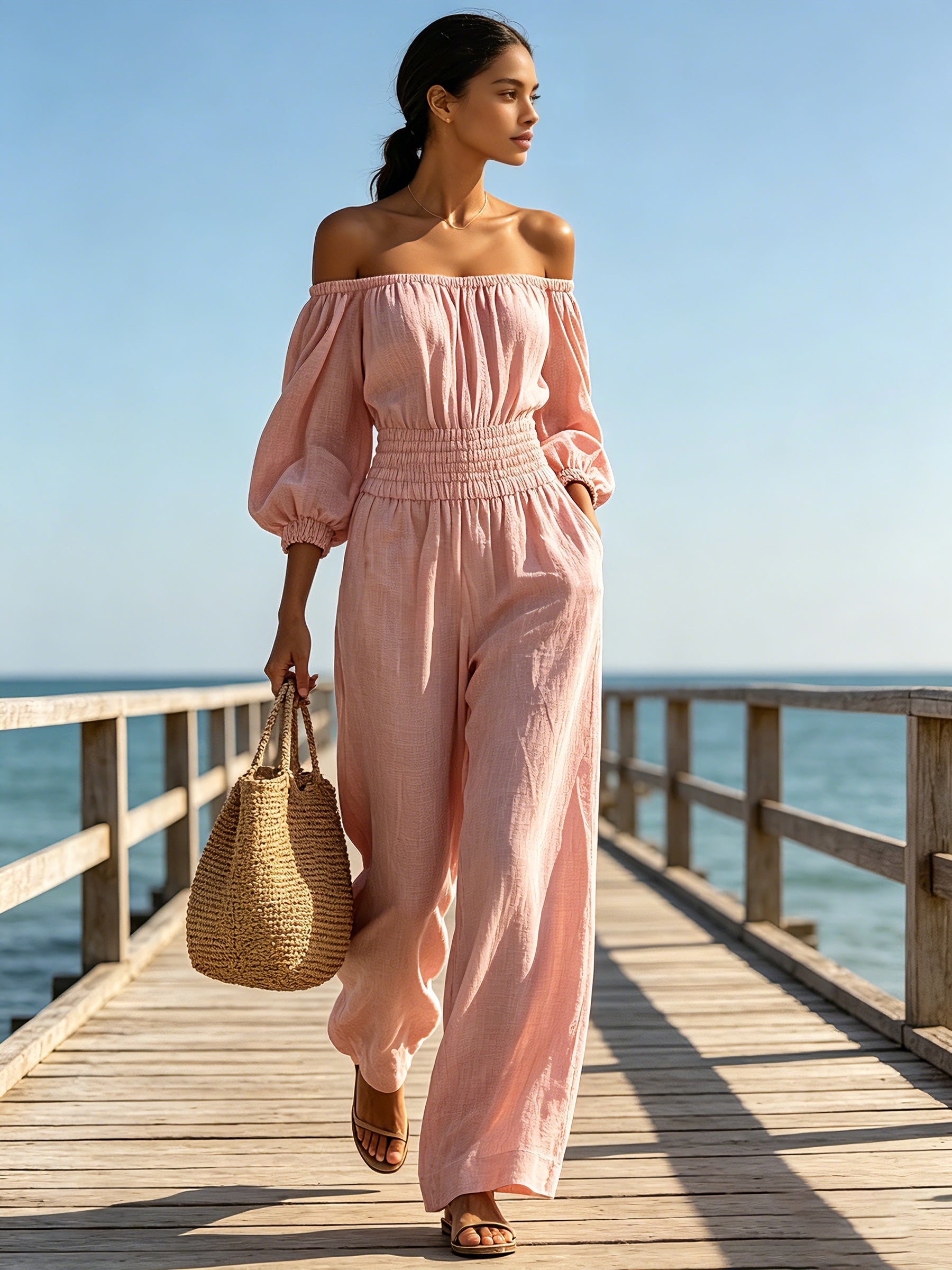 Women’s Off Shoulder Smocked Waist Jumpsuit – Long Sleeve Wide Leg Casual Linen Romper