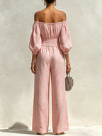 Women’s Off Shoulder Smocked Waist Jumpsuit – Long Sleeve Wide Leg Casual Linen Romper